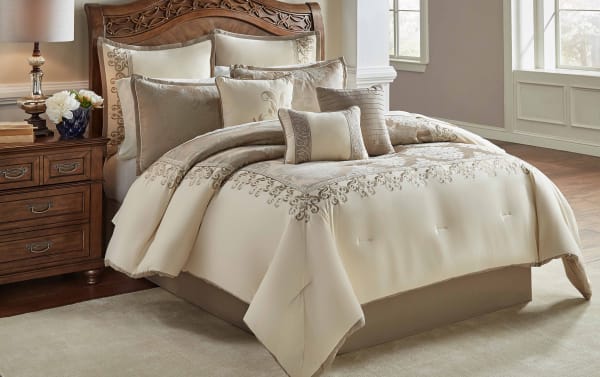Nottingham King Beige Damask 10 Piece Comforter Set in taupe polyester fabric, traditional style with damask pattern, includes comforter, shams, pillows, and bed skirt.