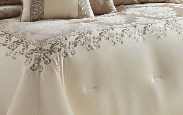 Nottingham King Beige Damask 10 Piece Comforter Set in taupe polyester fabric with traditional damask pattern, ivory and gold tones, plush texture, and decorative pillows.