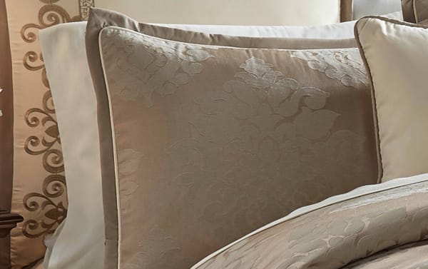Taupe beige Nottingham King Damask 10 Piece Comforter Set with traditional damask pattern, polyester fabric, and plush decorative pillows.