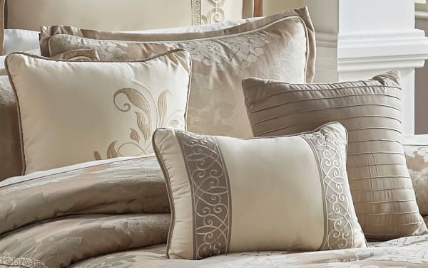 Nottingham King Beige Damask 10 Piece Comforter Set in taupe polyester fabric with traditional damask pattern, includes comforter, shams, Euro shams, pillows, and bed skirt.