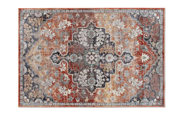 Alex 8' x 10' Brown Floral Rug in transitional style with intricate floral medallion pattern, featuring brown, gray, red, and orange hues. Made of durable, stain- and fade-resistant polypropylene.