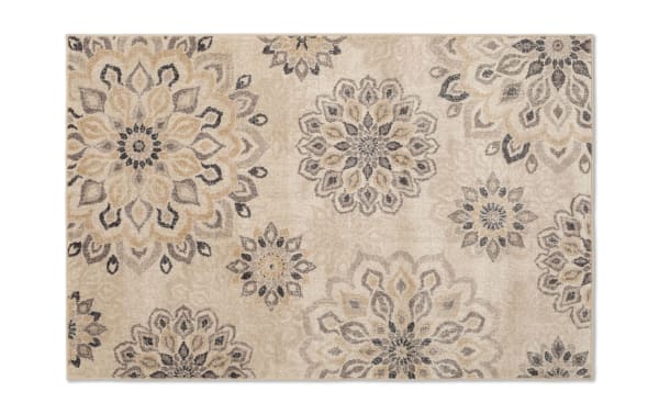 Beige Anna 5' x 7' floral rug with ivory and gray accents, transitional style, stain-resistant polypropylene material for durable home decor.