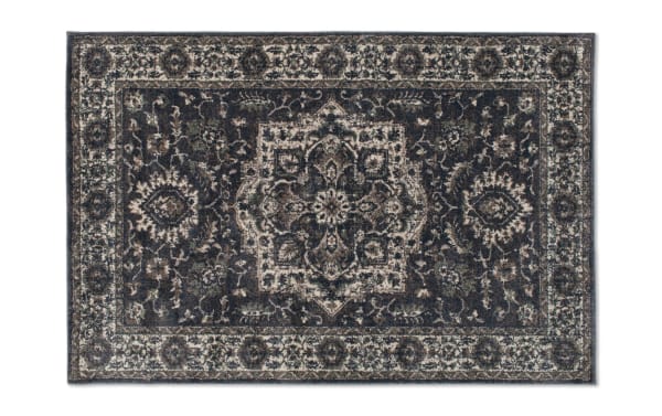 Anny 5' x 7' Blue Traditional Rug with a blue and ivory oriental pattern, made of stain-resistant polypropylene, featuring a transitional style.