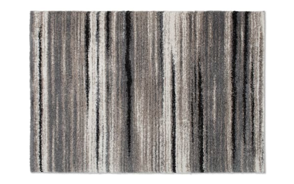 Bay 5' x 7' Gray Abstract Rug with modern transitional style, durable polypropylene material, featuring gray, black, and taupe vertical stripes.