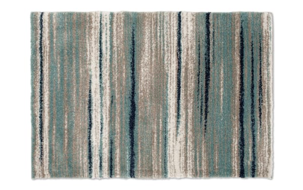 Transitional Bay 8' x 10' Blue Abstract Rug with blue, ivory, and beige polypropylene fibers, featuring a modern striped pattern and stain-resistant durability.