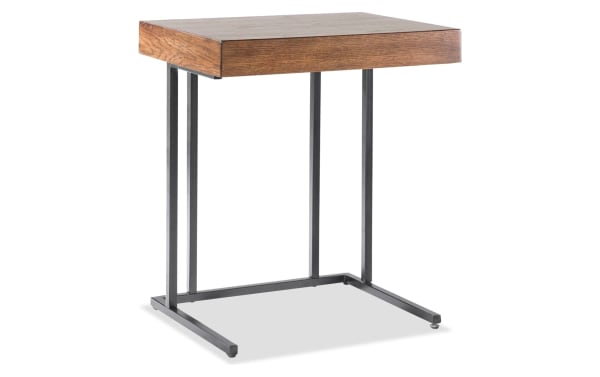 Byron Pull Up Table in black industrial style with oak veneer top, metal frame, and inner storage compartment for laptops or magazines.