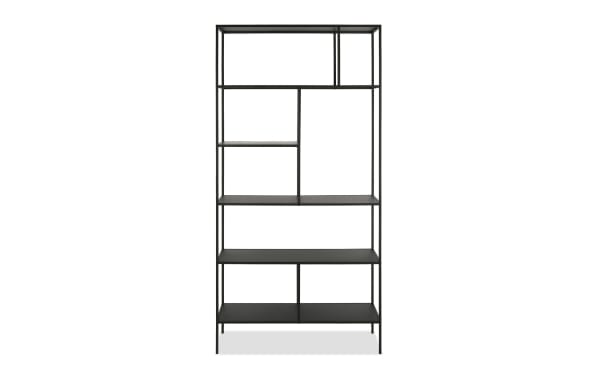 Prest 72'' Blackened Bronze Bookcase from Prest collection, contemporary steel frame with five open shelves and geometric design.