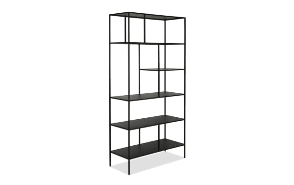 Prest 72'' Blackened Bronze Bookcase from Prest collection, contemporary steel frame with five open blackened bronze shelves for books and decor.
