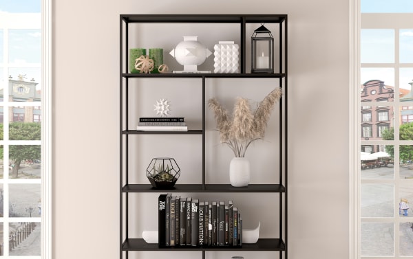 Prest 72'' Blackened Bronze Bookcase with steel frame, five shelves, and open contemporary design for books and decor display.