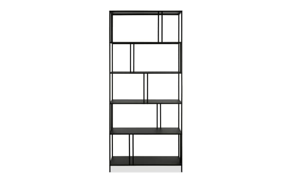 Omari 76'' blackened bronze steel 5-shelf bookcase with contemporary open-tier design, industrial-inspired metal frame for durable home display.
