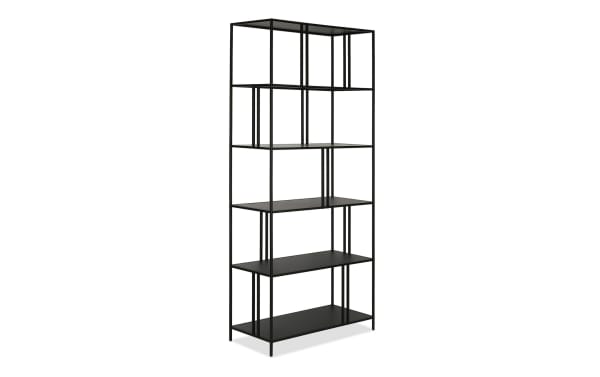 Omari 76'' blackened bronze steel 5-shelf bookcase with open contemporary design, industrial-inspired metal frame for durable, stylish storage.