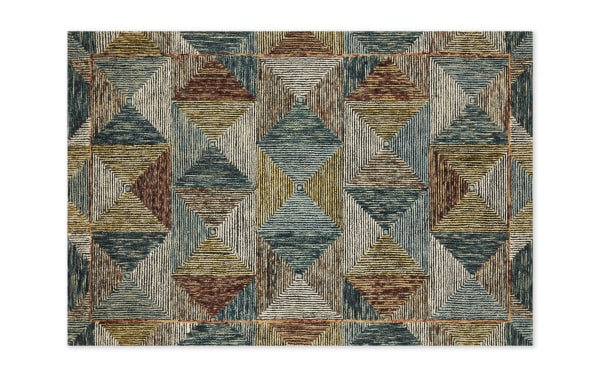 Anara 5' x 8' Blue Geometric Rug with multicolored wool in contemporary style, featuring textured diamond and triangle patterns in blue, gold, olive, and berry tones.