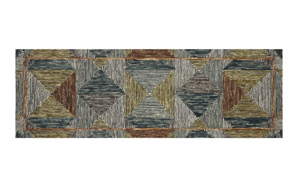Contemporary Anara 2' x 4' wool rug with multicolored blue geometric pattern in olive, gold, orange, and slate tones, handcrafted in India.