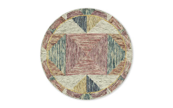 Anara 3' round wool rug with vibrant multicolored geometric pattern in red, blue, gold, and gray tones, contemporary style floor accent.