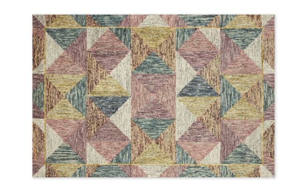 Anara 5' x 8' Red Geometric Rug with multicolored wool in contemporary style, featuring vibrant geometric patterns in pink, blue, gold, and gray.