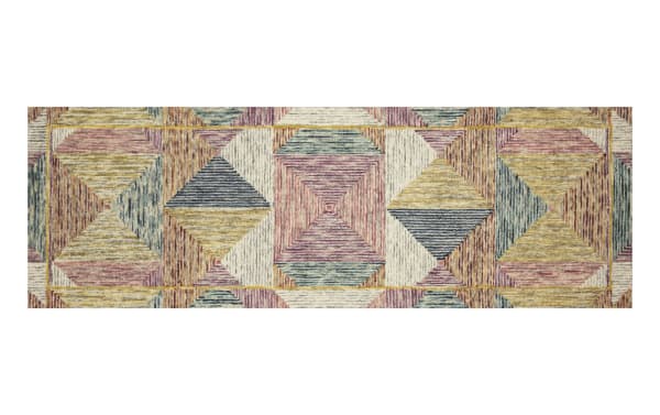 Contemporary Anara 5' x 8' wool rug with multicolored geometric pattern in silver, pink, berry, blue, gold, and orange tones, handcrafted in India.