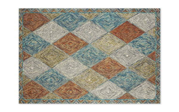 Katyusha 2' x 4' Blue Geometric Rug with vibrant diamond pattern in multicolored wool, featuring blue, gray, olive, and red tones, contemporary style.