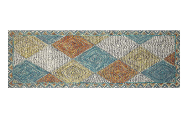 Contemporary Katyusha 2' x 4' wool rug with multicolored geometric diamond pattern in blue, gray, olive, and orange tones, handcrafted in India.