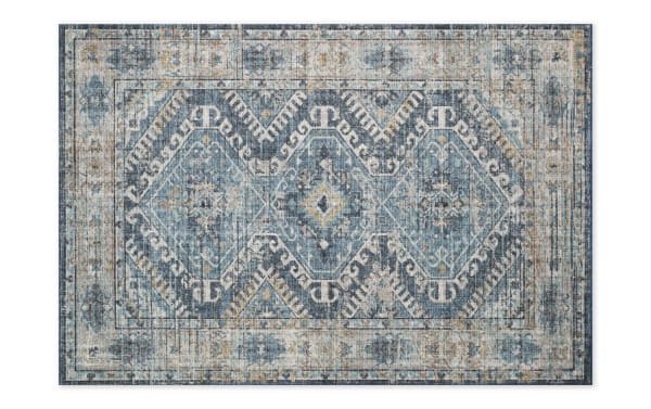 Geritt 3' x 8' Denim Oriental Runner rug with traditional old-world design in multicolored denim, teal, gray, and taupe polyester fabric.