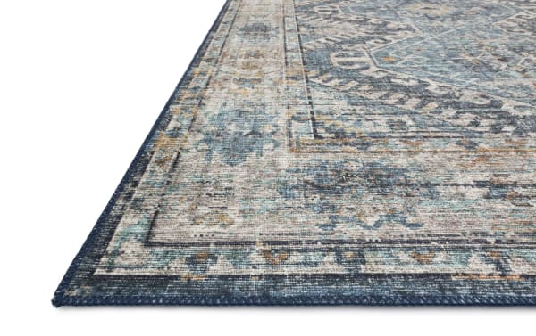 Geritt 3' x 8' Denim Oriental Runner rug with traditional multicolored design in denim, teal, gray, and ivory polyester fabric, featuring vintage floral and geometric patterns.