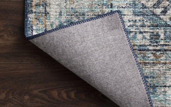 Geritt 3' x 8' Denim Oriental Runner rug with multicolored traditional design in denim, teal, gray, and taupe tones, made of durable polyester fabric.