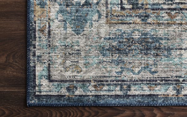 Traditional Geritt 3' x 8' Denim Oriental Runner rug in multicolored denim, teal, gray, and ivory with a power-loomed polyester fabric and vintage floral pattern.
