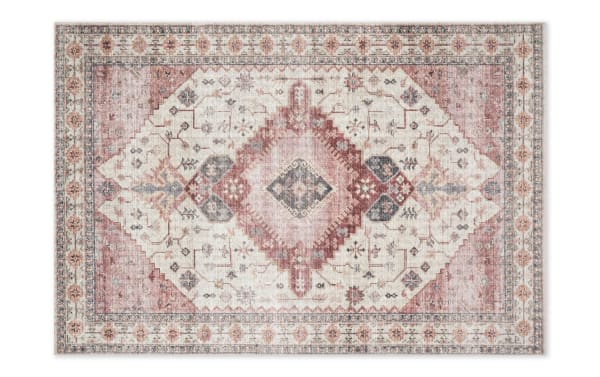 Lyudmila 8' x 10' Ivory Oriental Rug in multicolored traditional design with ivory, berry, pink, charcoal, and gold hues, made of durable polyester fabric.