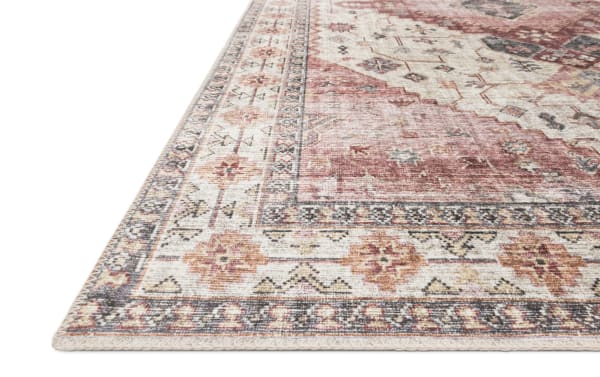 Traditional Lyudmila 8' x 10' ivory oriental rug with berry, blush, charcoal, and gold accents, polyester fabric, power-loomed texture