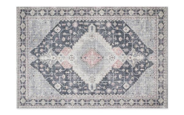 Lyudmila 8' x 10' Charcoal Oriental Rug with traditional old-world design, multicolored charcoal, gray, blush, and ivory tones, made of durable 100% polyester fabric.