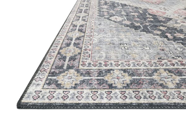 Traditional Lyudmila 8' x 10' Charcoal Oriental Rug with multicolored geometric borders in polyester fabric, featuring blush, gold, and ivory accents.