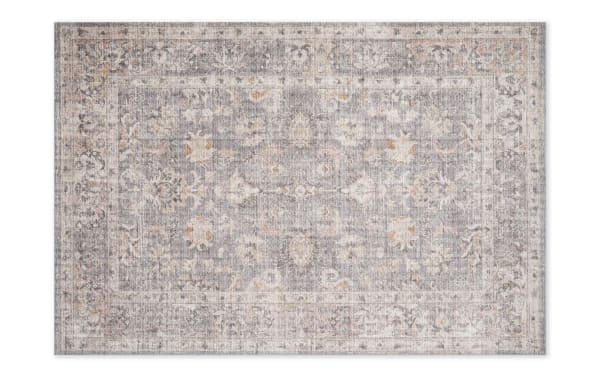 Candis 8' x 10' Gray Oriental Rug with traditional old-world design in multicolored gray, blush, ivory, and charcoal polyester fabric.
