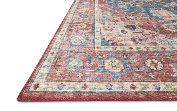 Traditional Matty 3' x 8' red oriental runner rug with multicolored floral patterns in polyester fabric, soft texture, power-loomed design