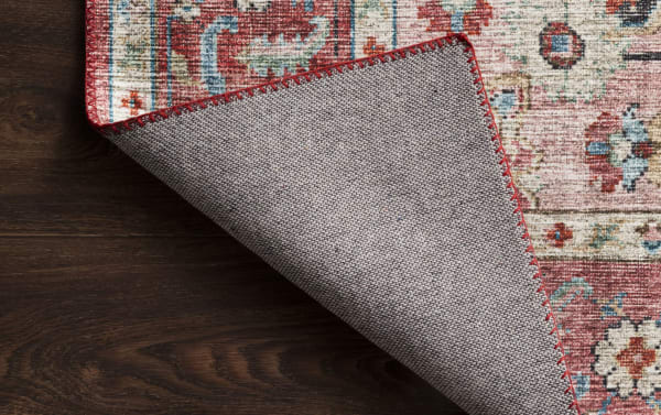 Traditional Matty 3' x 8' Red Oriental Runner rug with multicolored red, berry, seafoam, and ivory floral patterns, power-loomed 100% polyester fabric
