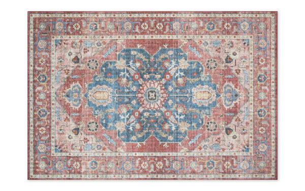 Traditional Matty 2' x 4' Oriental rug in multicolored red, berry, seafoam, blush, and teal hues, power-loomed polyester with intricate floral medallion design.