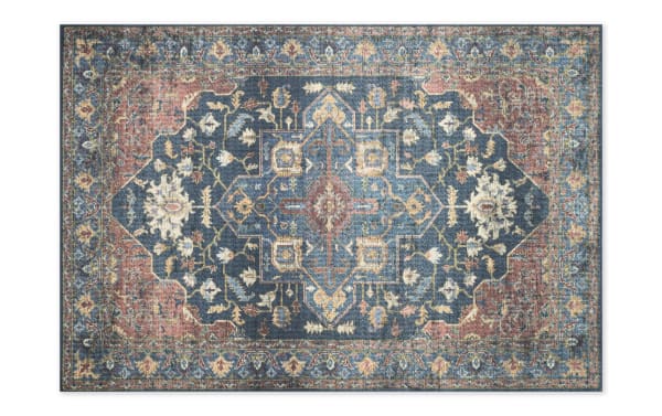 Elpida 3' x 5' Denim Oriental Rug in multicolored traditional design with denim, sea blue, berry, and camel hues, made of soft polyester fabric.
