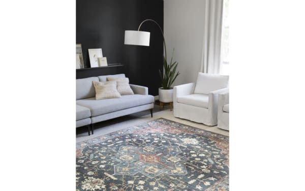 Traditional Elpida 3' x 5' Denim Oriental Rug in multicolored denim, sea blue, berry, and camel hues, power-loomed polyester fabric with intricate patterns.