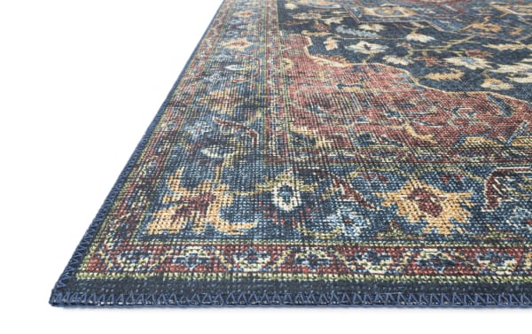 Traditional Elpida 3' x 8' Denim Oriental Runner rug in multicolored polyester fabric with denim, sea blue, berry, and orange hues, soft and durable.