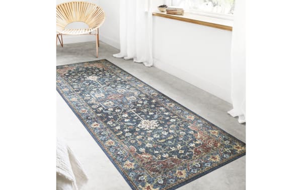 Traditional Elpida 3' x 8' Denim Oriental Runner rug in multicolored denim, sea blue, berry, and camel hues, made of soft polyester fabric.