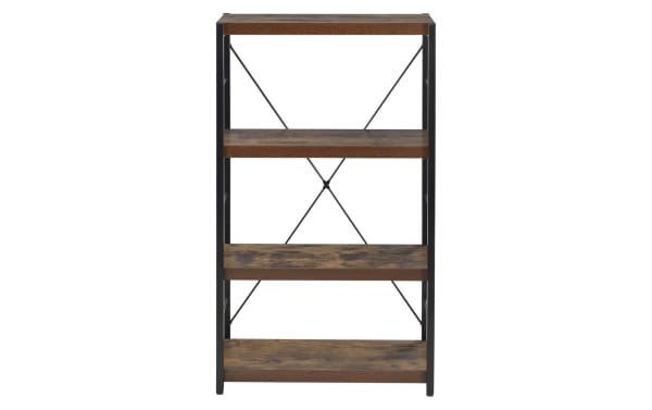 Mona 43'' industrial bookcase with four weathered oak wood shelves, black metal frame, and distinctive X-back design for office or living space storage.