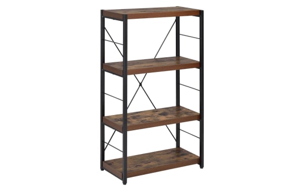 Mona 43'' industrial bookcase with four brown weathered oak wood shelves, black metal frame, and X-back design for office or living space storage