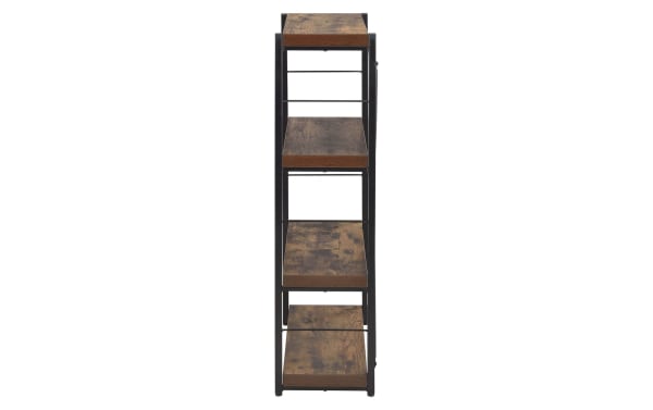 Mona 43'' industrial bookcase with black metal frame, brown wood shelves, and X-back design, offering four weathered oak finish shelves.