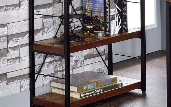 Mona 43'' Black & Brown 4 Shelf Bookcase with industrial style, weathered oak wood shelves, black metal frame, and X-back design, holding books.