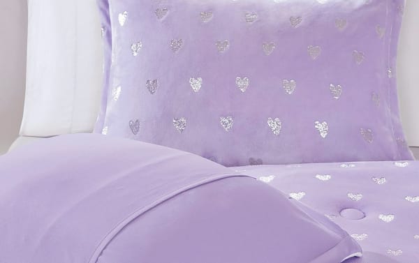 Juliette Twin/Twin XL 3-piece comforter set in plush purple polyester with silver metallic hearts, glam style, OEKO-TEX certified for safe, cozy bedding.