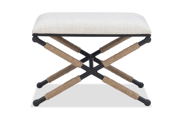 Traditional April White Upholstered Vanity Stool with white cotton blend fabric seat, foam padding, and black iron X-base legs wrapped in natural rope.