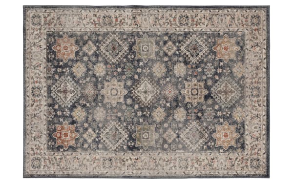 Cami 3' x 5' Black Oriental Rug with black, gray, yellow, and cream medallion pattern. Transitional style, machine-made polypropylene, stain- and fade-resistant.