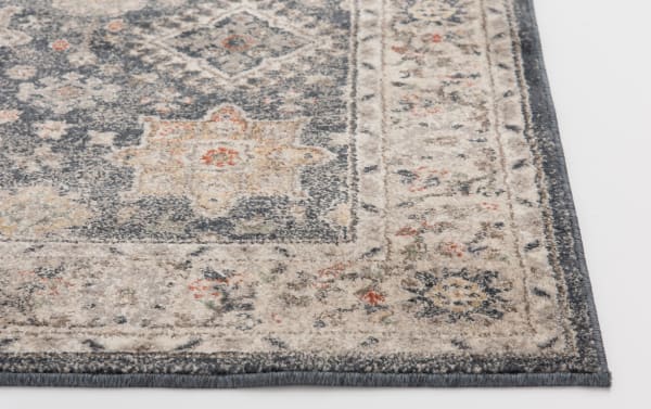 Cami 3' x 5' Black Oriental Rug with medallion pattern in black, gray, yellow, and cream. Transitional style, machine-made polypropylene, durable and stain-resistant.