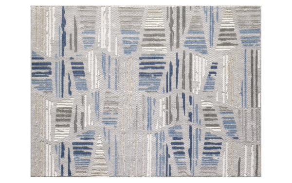 Cardoze 2' x 3' Gray Geometric Rug with blue, taupe, and charcoal accents, transitional style, polypropylene material, high-low weave for texture and depth.