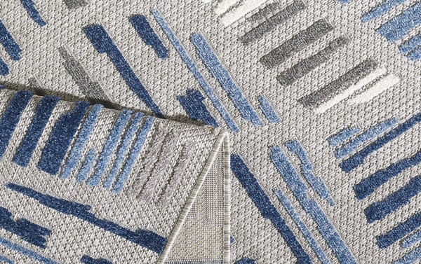 Cardoze 2' x 3' Gray Geometric Rug with blue, taupe, and charcoal accents, transitional style, polypropylene material, high-low weave for texture and durability.