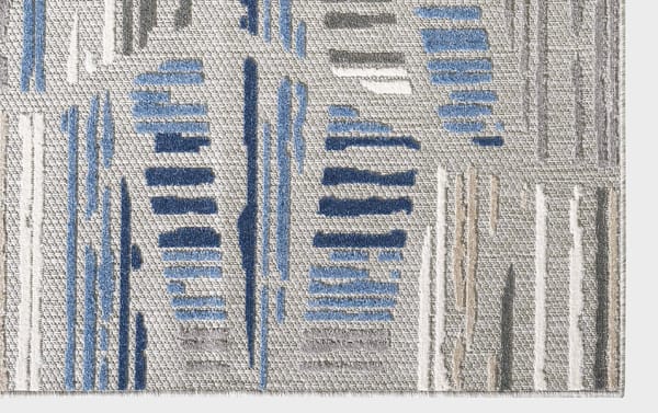 Cardoze 2' x 3' gray geometric rug with blue, taupe, and charcoal accents, transitional style, low-profile polypropylene pile, stain and fade resistant.