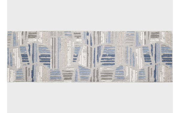 Cardoze 2' x 8' gray geometric runner with blue, taupe, and charcoal accents in a transitional style. Made of stain-resistant polypropylene with a low-profile, high-low woven texture for depth and durability in high-traffic areas.